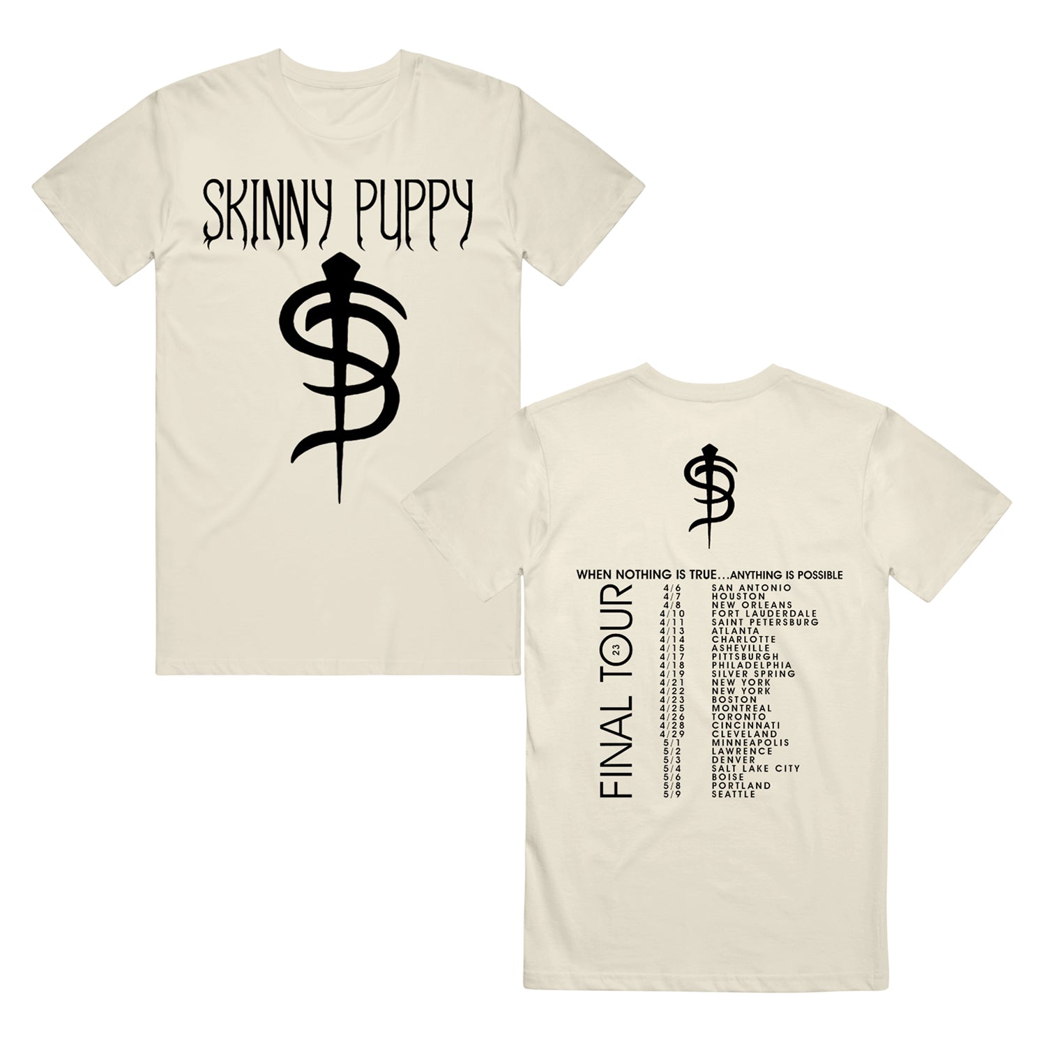 image of the front and back of a bone colored tee shirt on a white background. front is on the left and has a full body print in black of the logo and says skinny puppy across the chest 