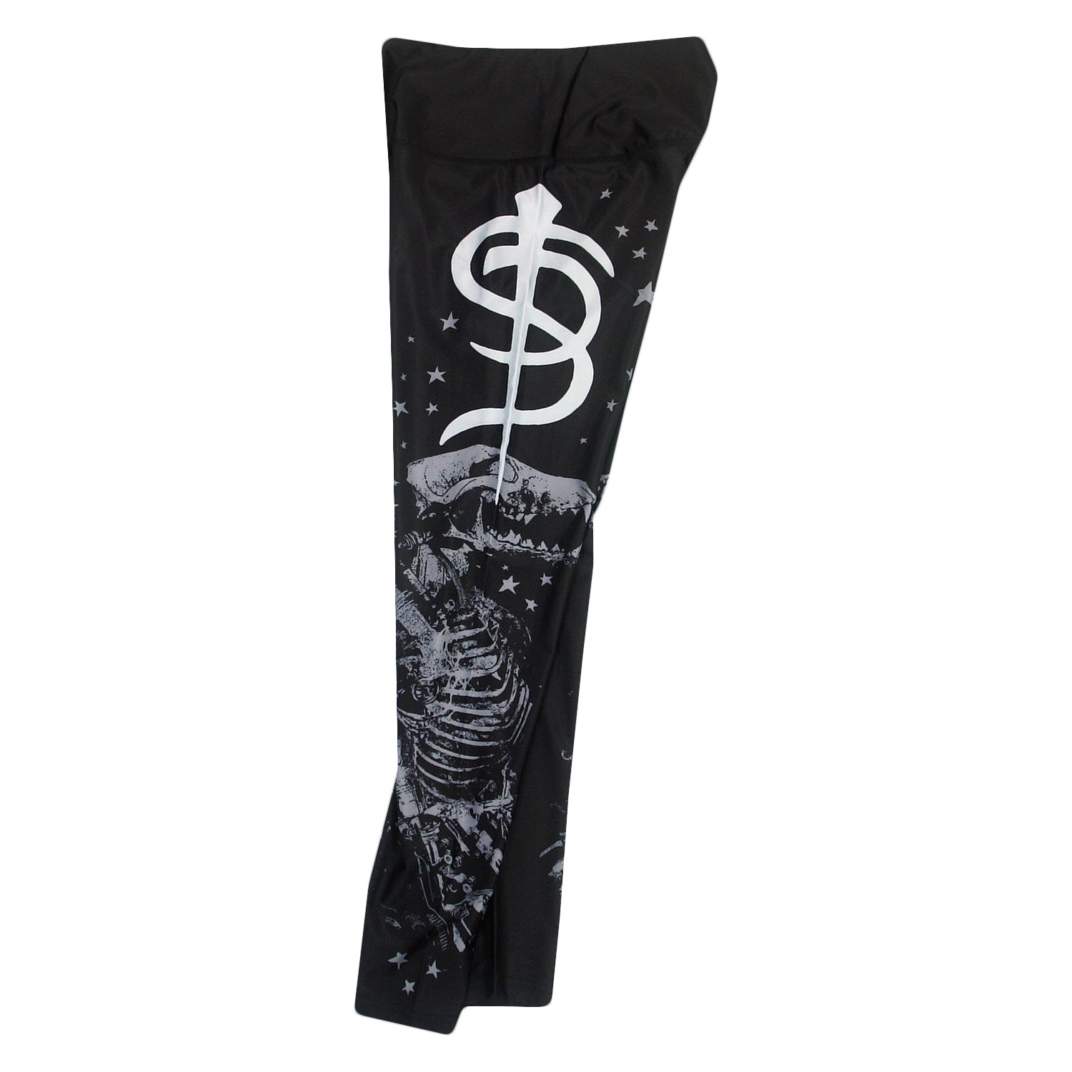 image of the side view of black leggings on a white background. leggings have side prints on both legs of the skinny puppy logo and then and animal skeleton
