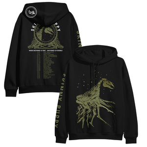 image of the front and back of a black pullover hoodie on a white background. back is on the left and has a full back print of the tour dates and locations. small white logo on the hood. front is on the right and has a full body print of an animal skeleton. down the left sleeve says skinny puppy