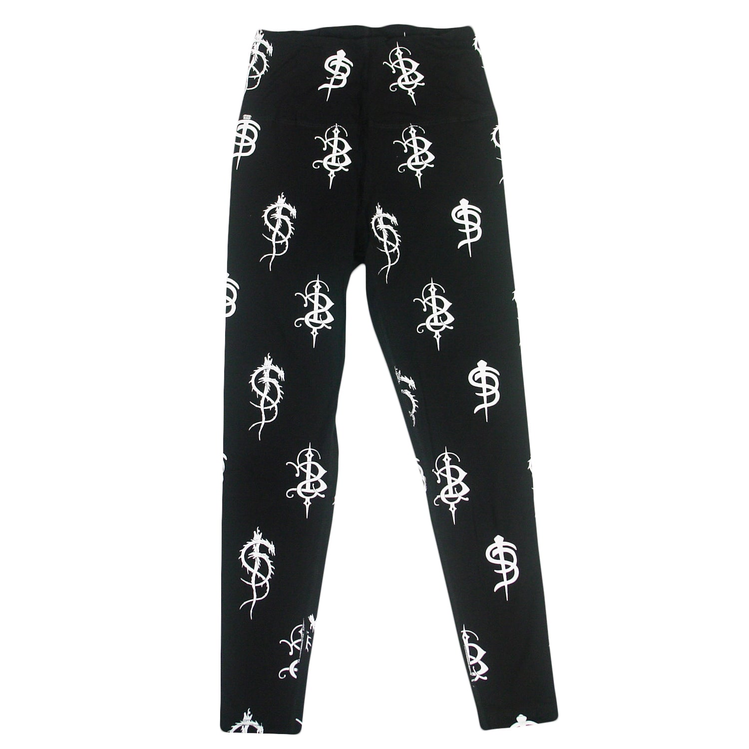 image of black leggings on a white background. leggings have white printed skinny puppy logos repeated all over