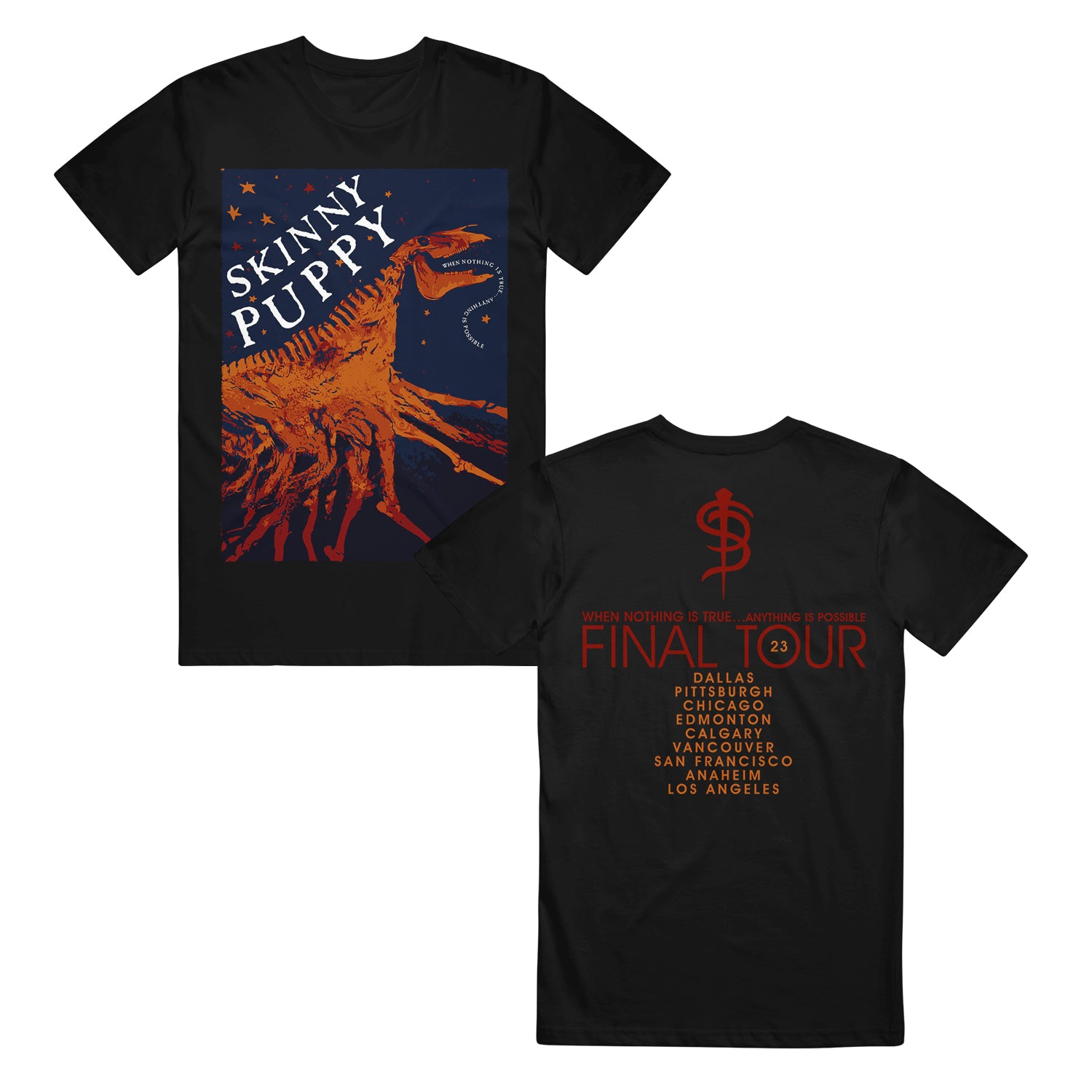 image of the front and back of a black tee shirt. front is on the left and has a full body print that says skinny puppy and then a dinosaur skeleton. back is on the right and has a full print of the final tour locations.