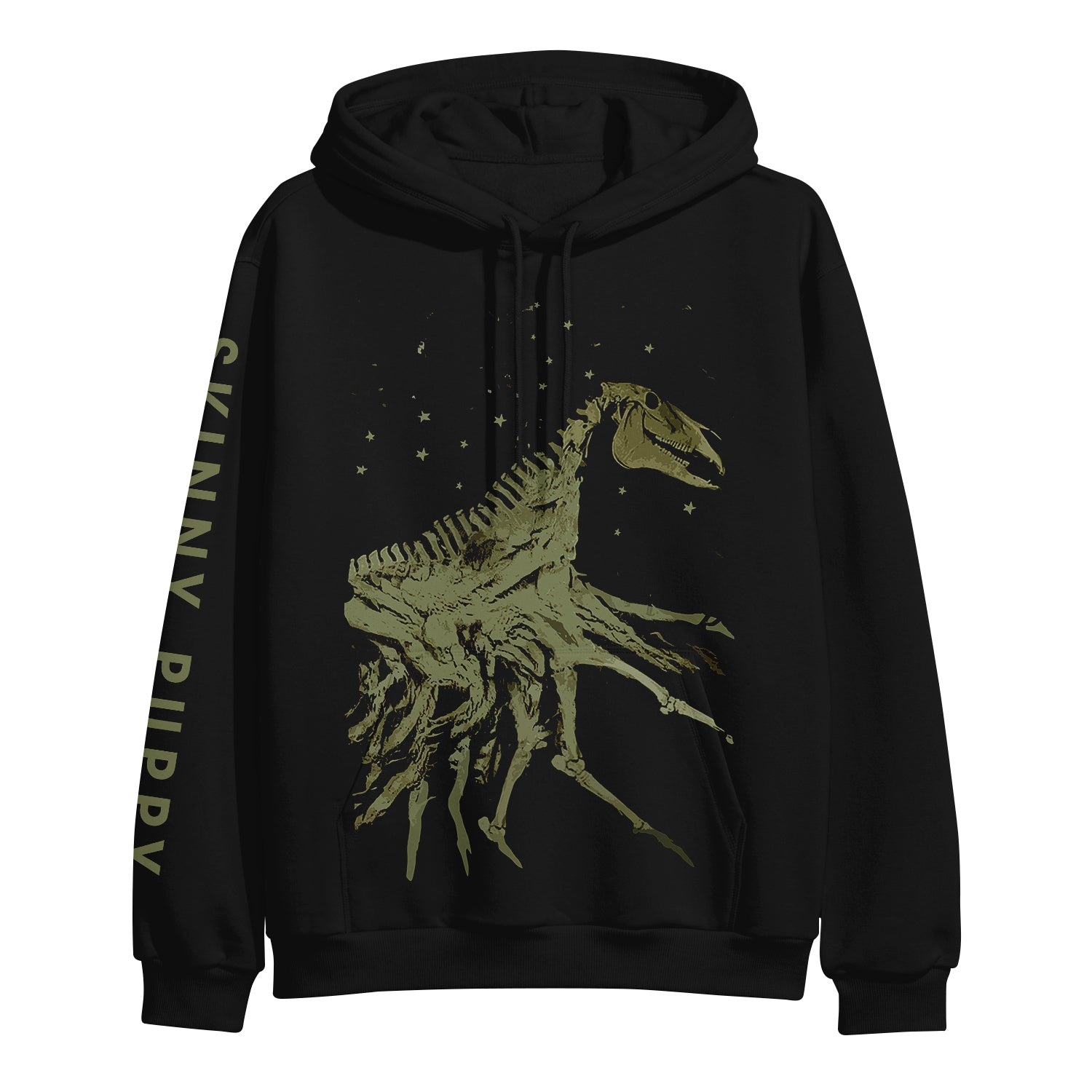 image of the front of a black pullover hoodie on a white background. hoodie has a full body print of an animal skeleton. down the left sleeve says skinny puppy