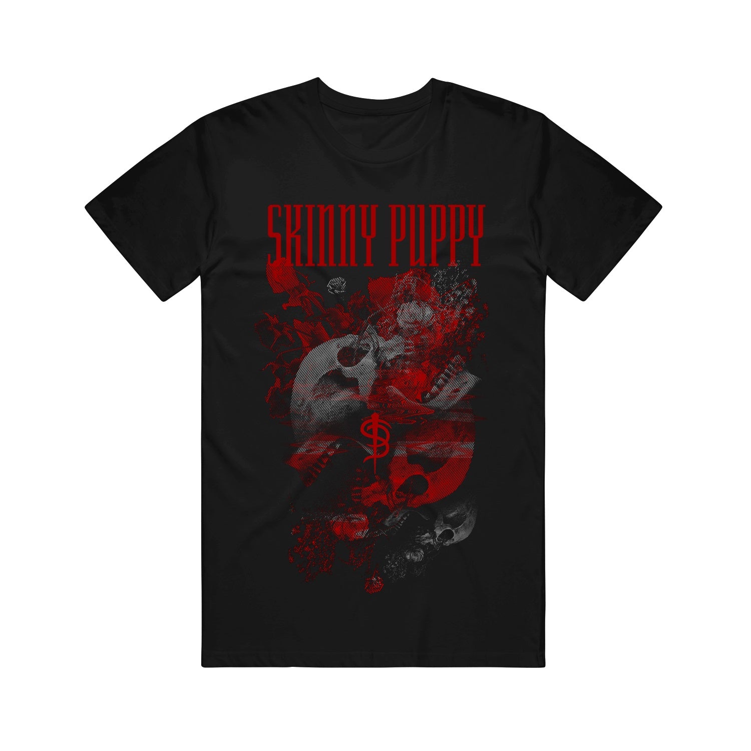 image of a black tee shirt on a white background. tee has full body print in red and grey of skulls. at the top says skinny puppy across the chest