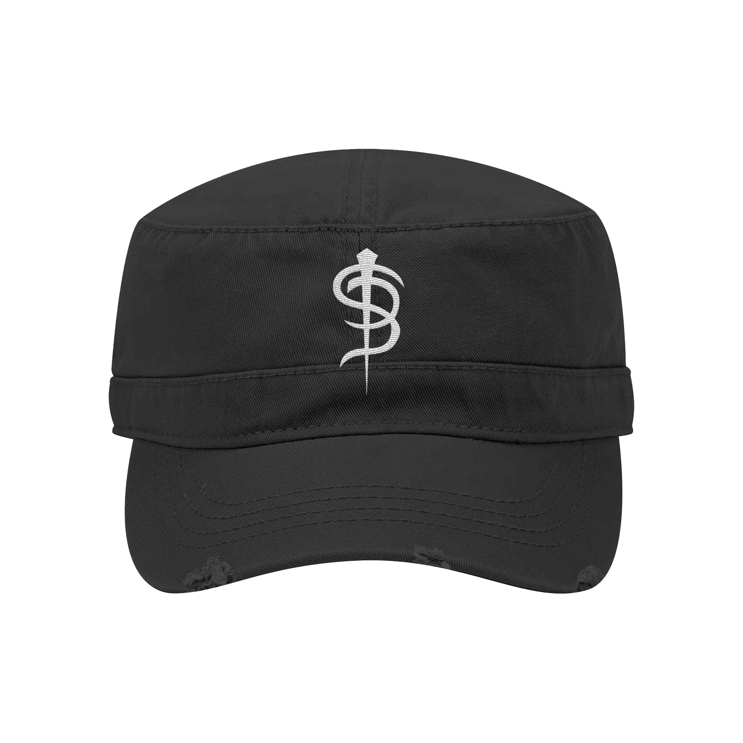 Black military cap on a white background. The hat shows purposeful signs of distress on the brim of the hat. The center of the hat features the skinny puppy sp logo in white.