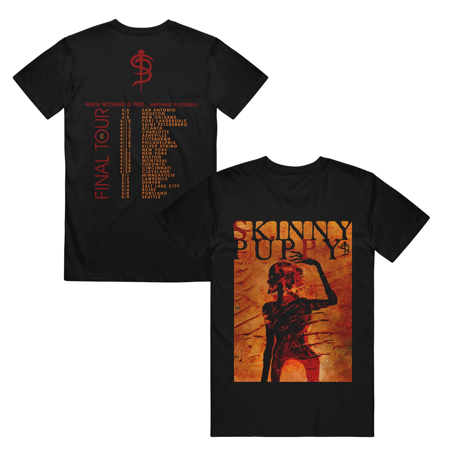 image of the front and back of a black tee shirt on a white background. back is on the left and has the final tour dates and locations of the 2023 tour. front is on the left and has a full body print iof a skeleton. at the top says skinny puppy