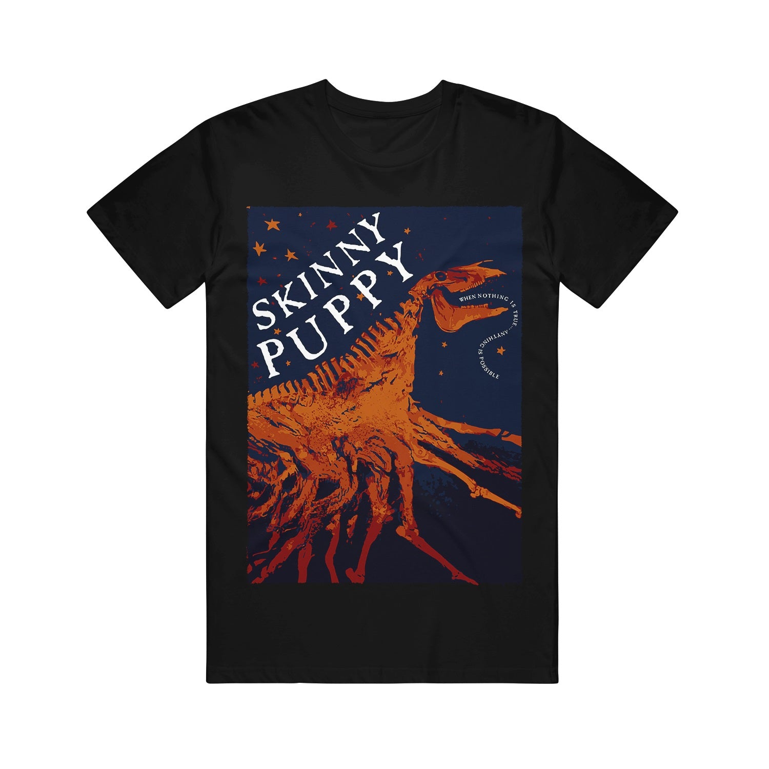 image of the front of a black tee shirt. tee  has a full body print that says skinny puppy and then a dinosaur skeleton.