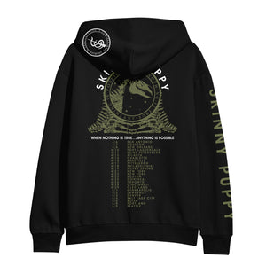 image of the back of a black pullover hoodie on a white background. hoodie has a full back print of the tour dates and locations. small white logo on the hood and a right sleeve print that says skinny puppy