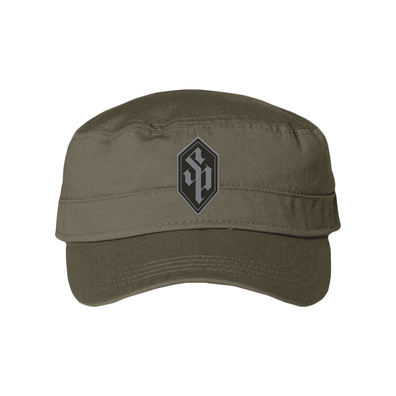 Olive green military style hat on a white background. The center of the hat features a black patch in a diamond shape that has the letters S and P in the center of the shape.