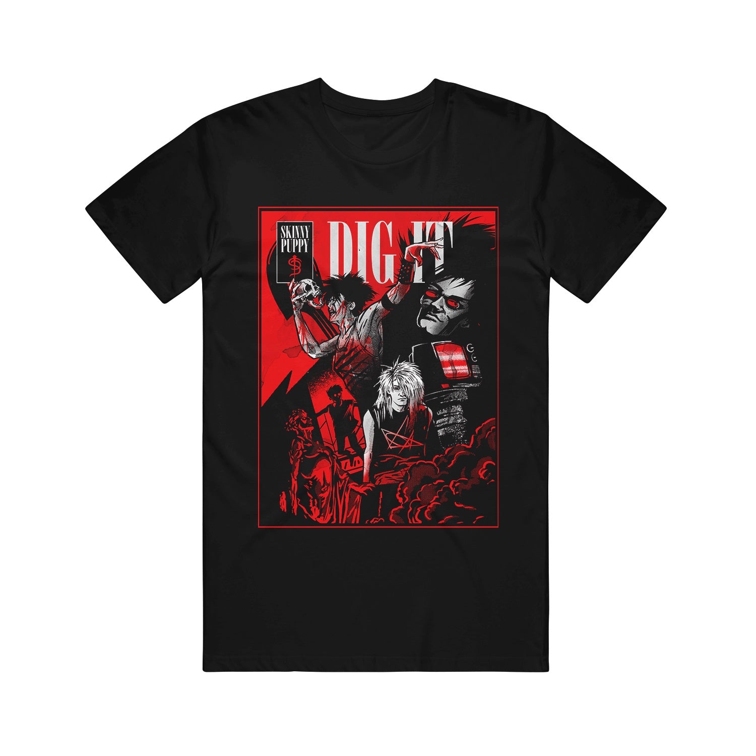  Black tshirt on a white background. Large rectangle in the center of the shirt, inside the rectangle in the upper corner there is a smaller black rectangle that says Skinny Puppy in white lettering and features their SP logo. Next to that says Dig It in white large letters. Below are characters in red, black, white/grey. One person holds a skull, another is their face with red eyes. Below that is a person with teased hair. Someone standing in a doorway. The bottom has a statue of a man and clouds.