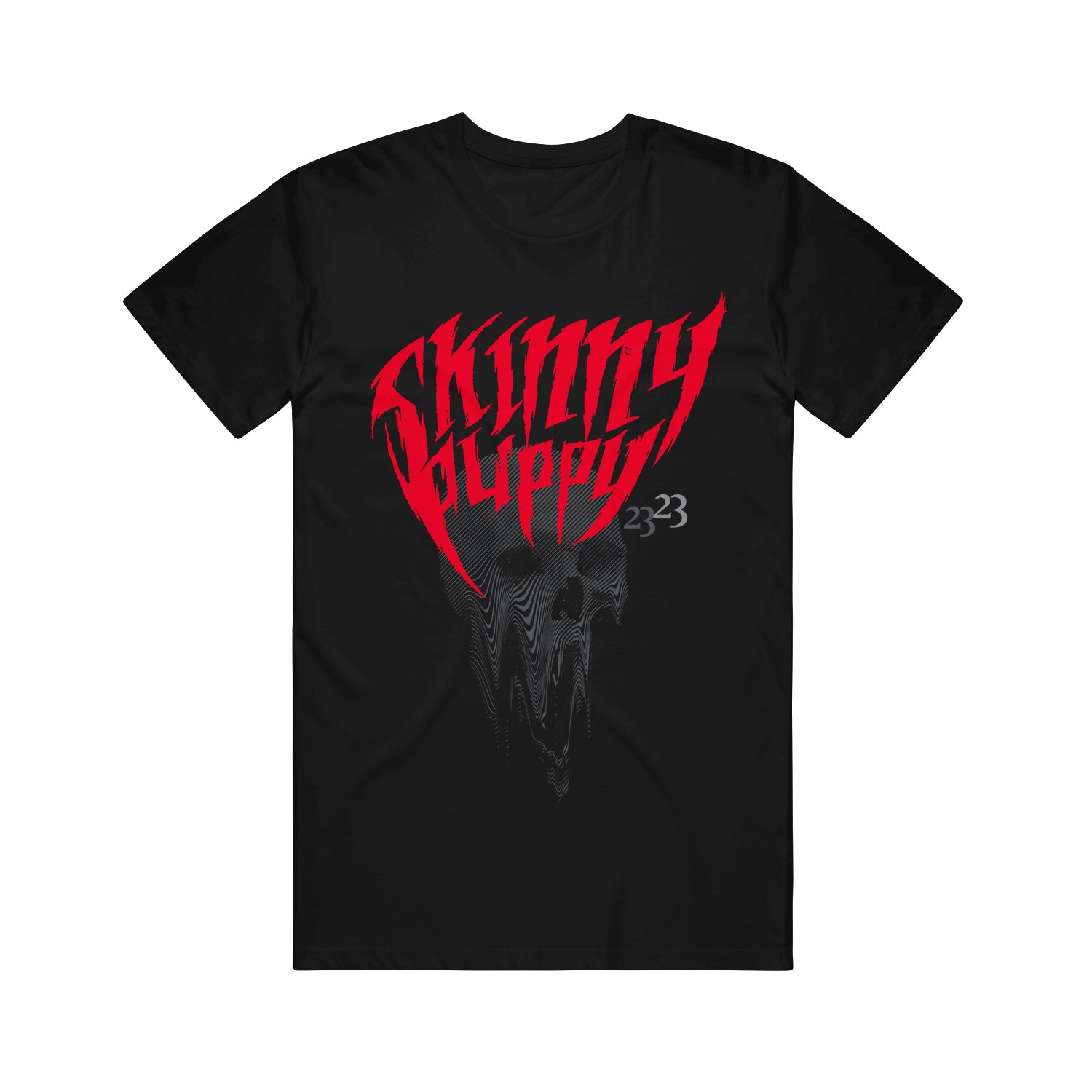 black tshirt on a white background. The shirt says Skinny Puppy in red letters and below that is a grey skull that is dripping by the mouth. Next to that are the numbers 23, 23 in grey.