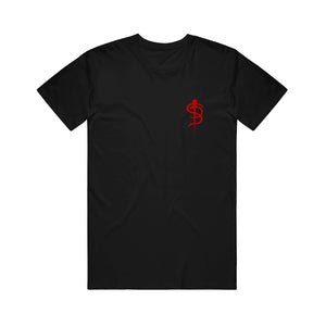 Image of the front of a black tshirt on a white background. The front of the shirt has the skinny puppy S P logo on the left chest area in red.