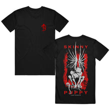 Image of the front and back of a black tshirt on a white background. The front of the shirt has the skinny puppy S P logo on the left chest area in red. The back of the shirt says Skinny at the top of the shirt in red, and Puppy at the bottom of the shirt in red. Below the word Puppy, in small white writing, there are the words Last Rights. In the center of the back of the shirt is a red background with a white and black gargoyle creature. Next to the creature is a black skinny puppy SP logo.