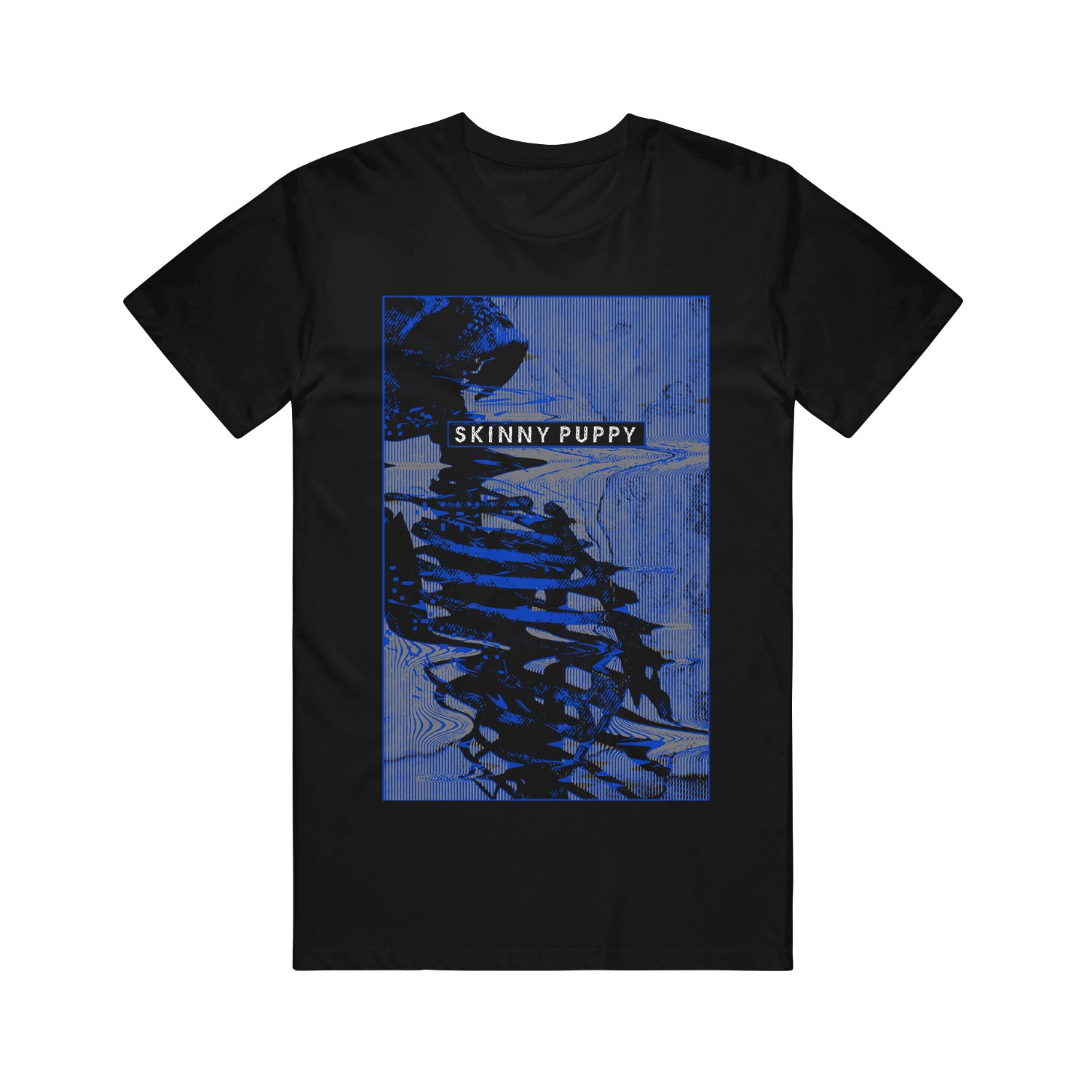 Black tshirt on a white background. The tshirt has a large rectangle in the middle of the shirt, with the design inside. The rectangle is blue. There is a skeleton- the head and upper body showing. Across the chest area in a small black rectangle with white writing it says Skinny Puppy. The design of the skeleton and lines are glitchy and swirled.