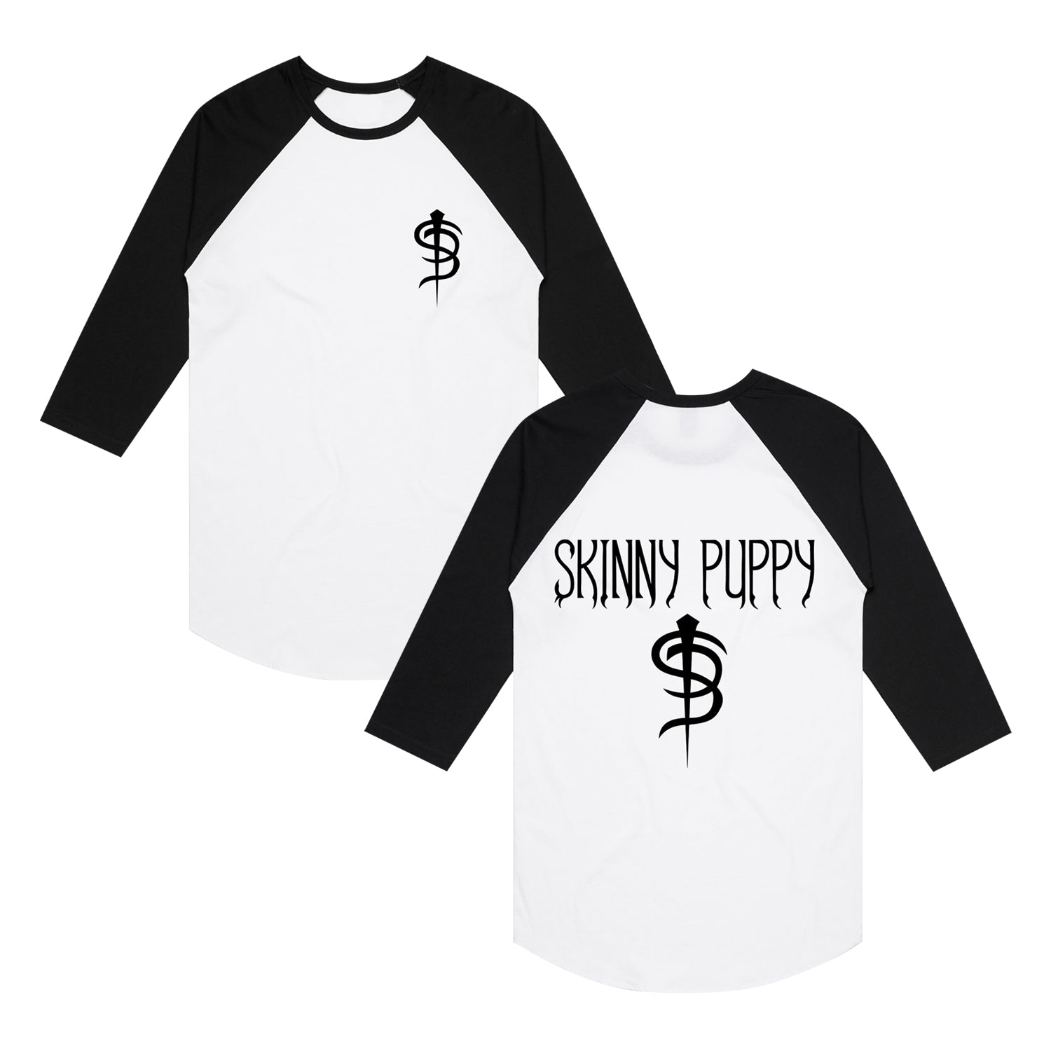 Image of the front and back of a white raglan shirt with black sleeves and collar on a white background. The front of the shirt has the black s p logo on the left chest. The back of the shirt says Skinny puppy with the s p logo below the words skinny puppy. The design on the back is also in black.