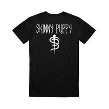  Image of the back of a Black tshirt on a white background. The back of the shirt by the shoulder area says Skinny Puppy and below that features the SP logo. The back print on the shirt is in white.