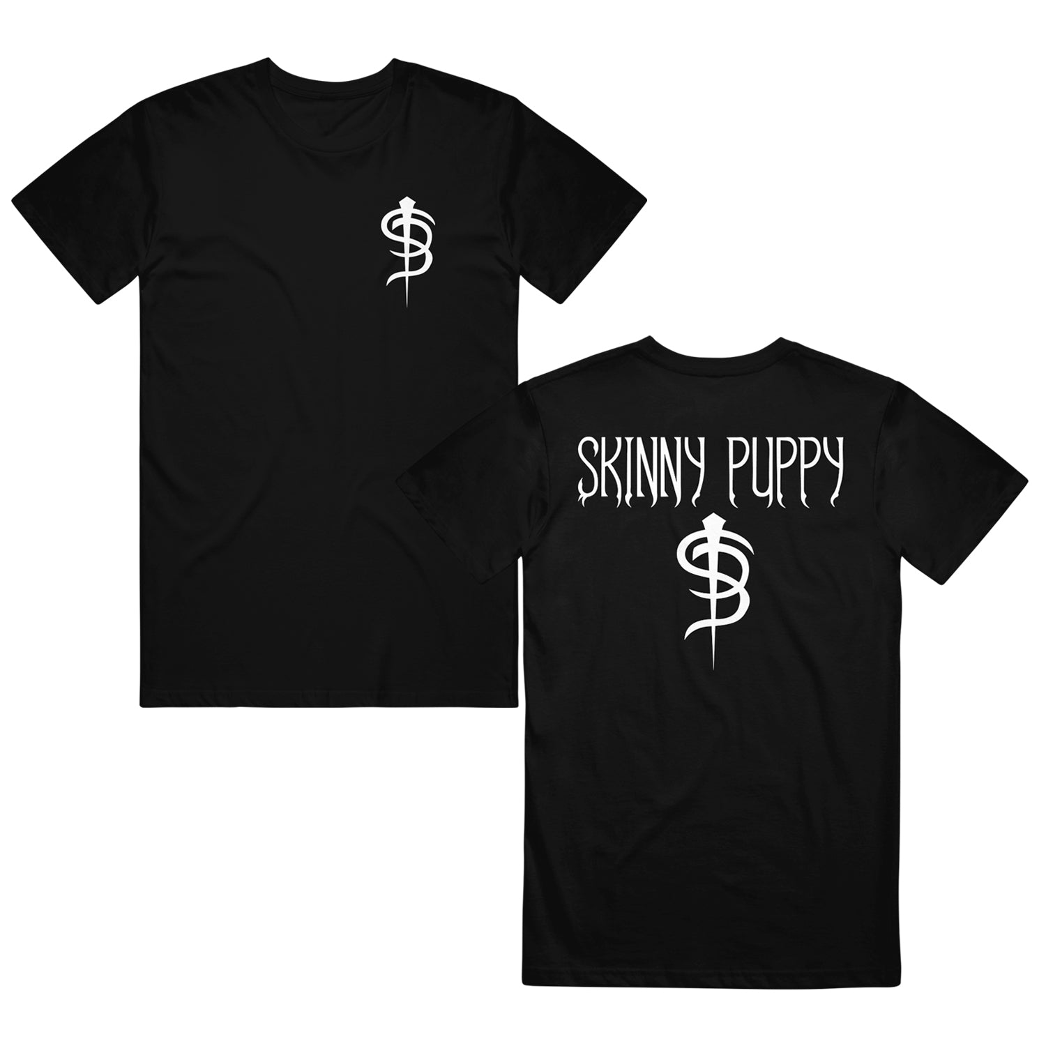 Image of the front and back of a Black tshirt on a white background. The front of the shirt on the left chest is the skinny puppy SP logo in white. The back of the shirt by the shoulder area says Skinny Puppy and below that features the SP logo. The back print on the shirt is also in white.