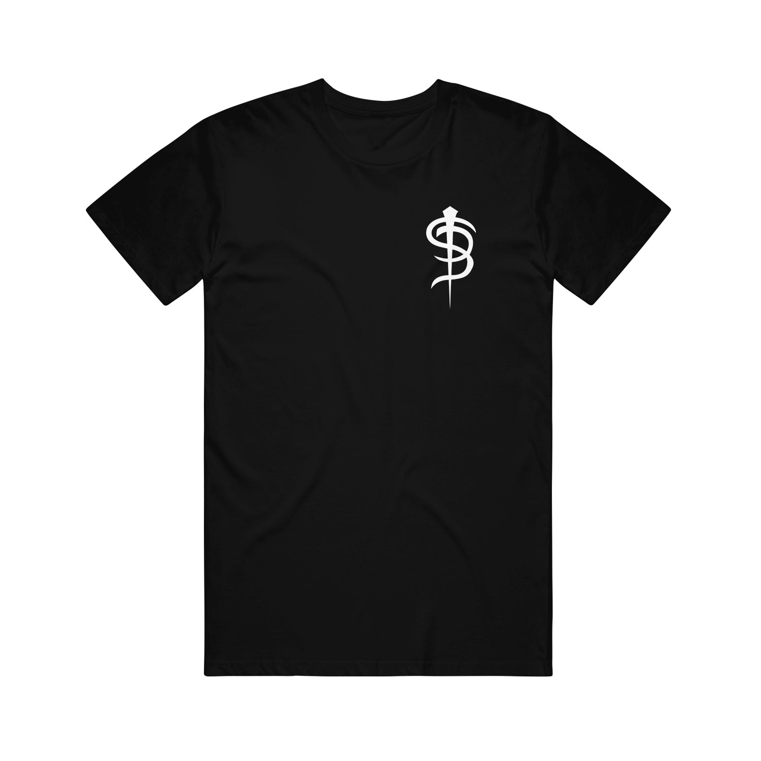  Image of the front of a Black tshirt on a white background. The front of the shirt on the left chest is the skinny puppy SP logo in white.