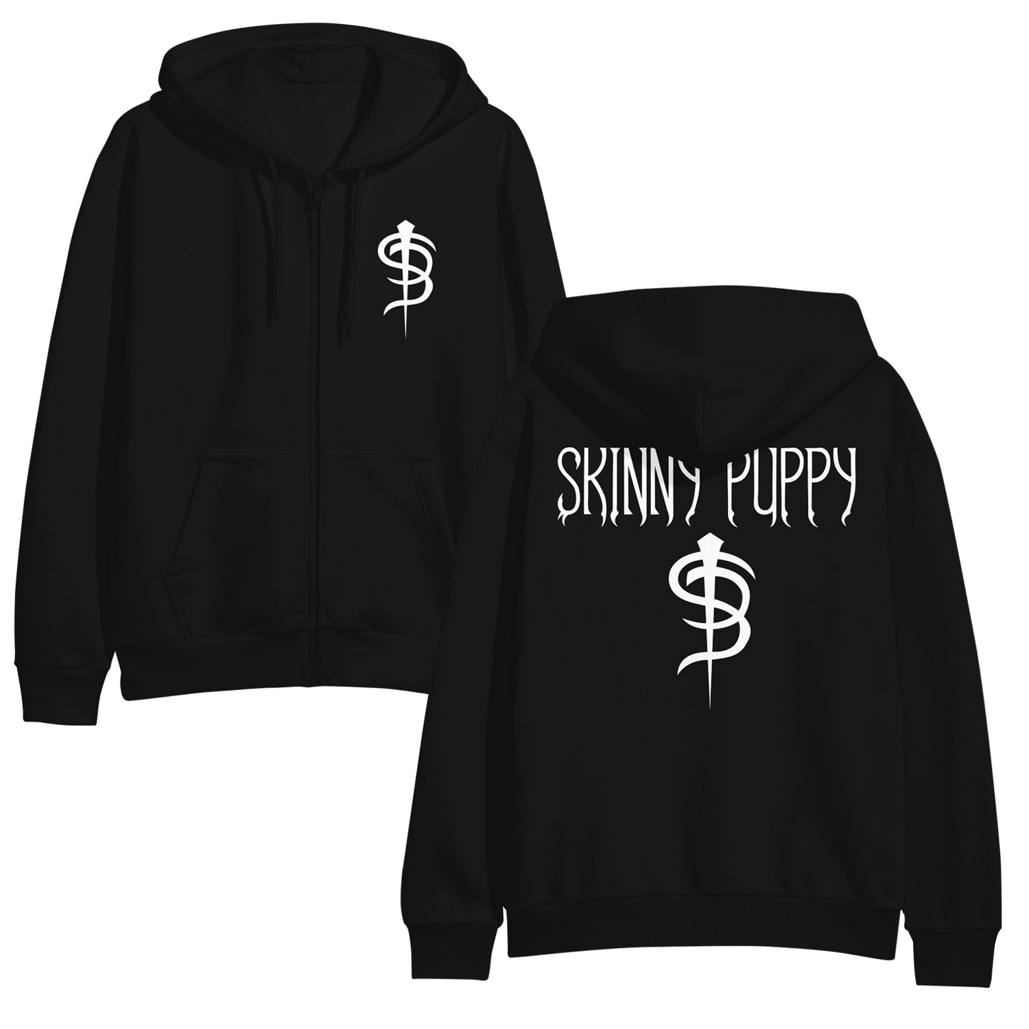  Image of the front and back of a Black hooded sweatshirt on a white background. The front of the hoodie on the left chest is the skinny puppy SP logo in white. The back of the sweatshirt by the shoulder area says Skinny Puppy and below that features the SP logo. The back print on the hoodie is also in white.