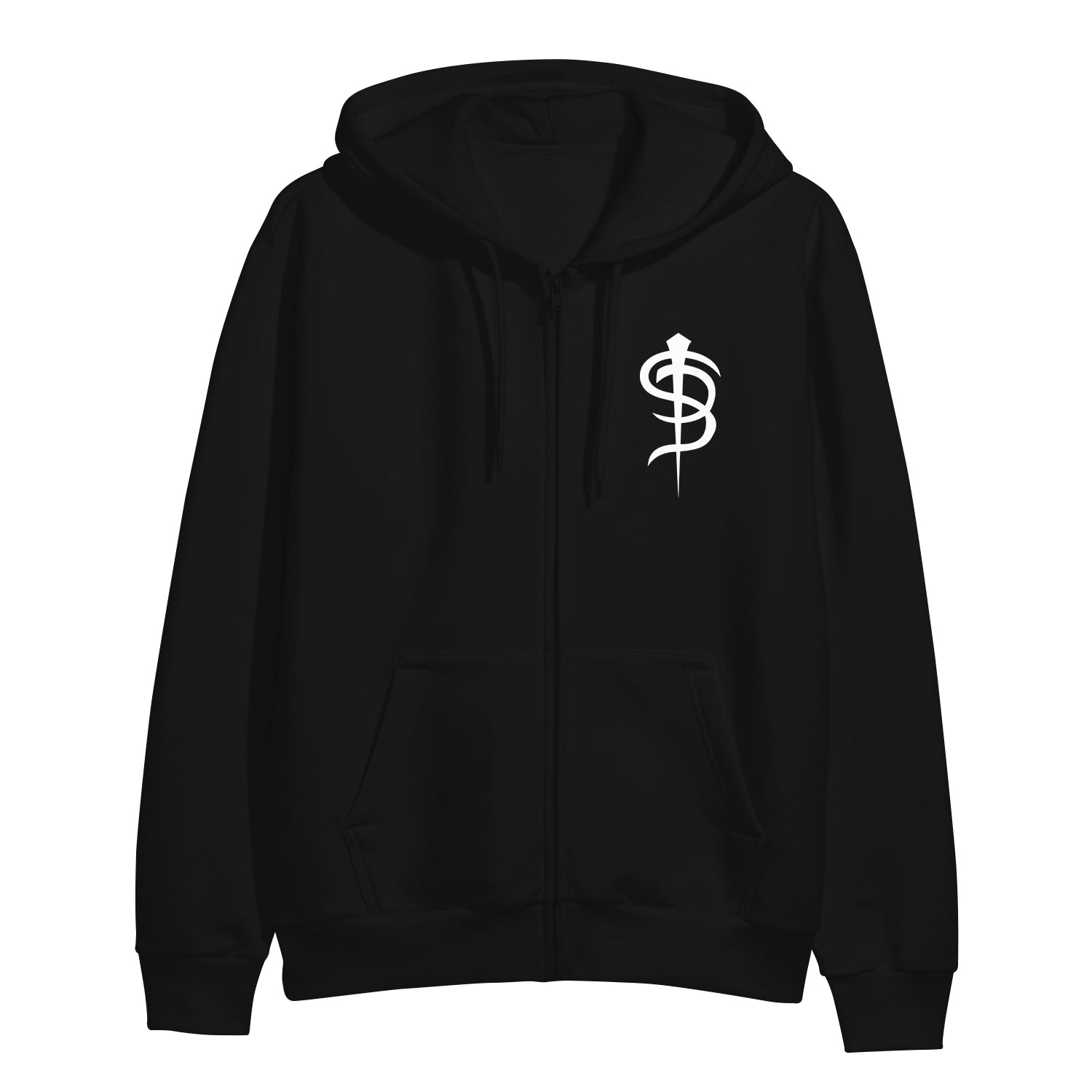 Image of the front Black hooded sweatshirt on a white background. The front of the hoodie on the left chest is the skinny puppy SP logo in white. 