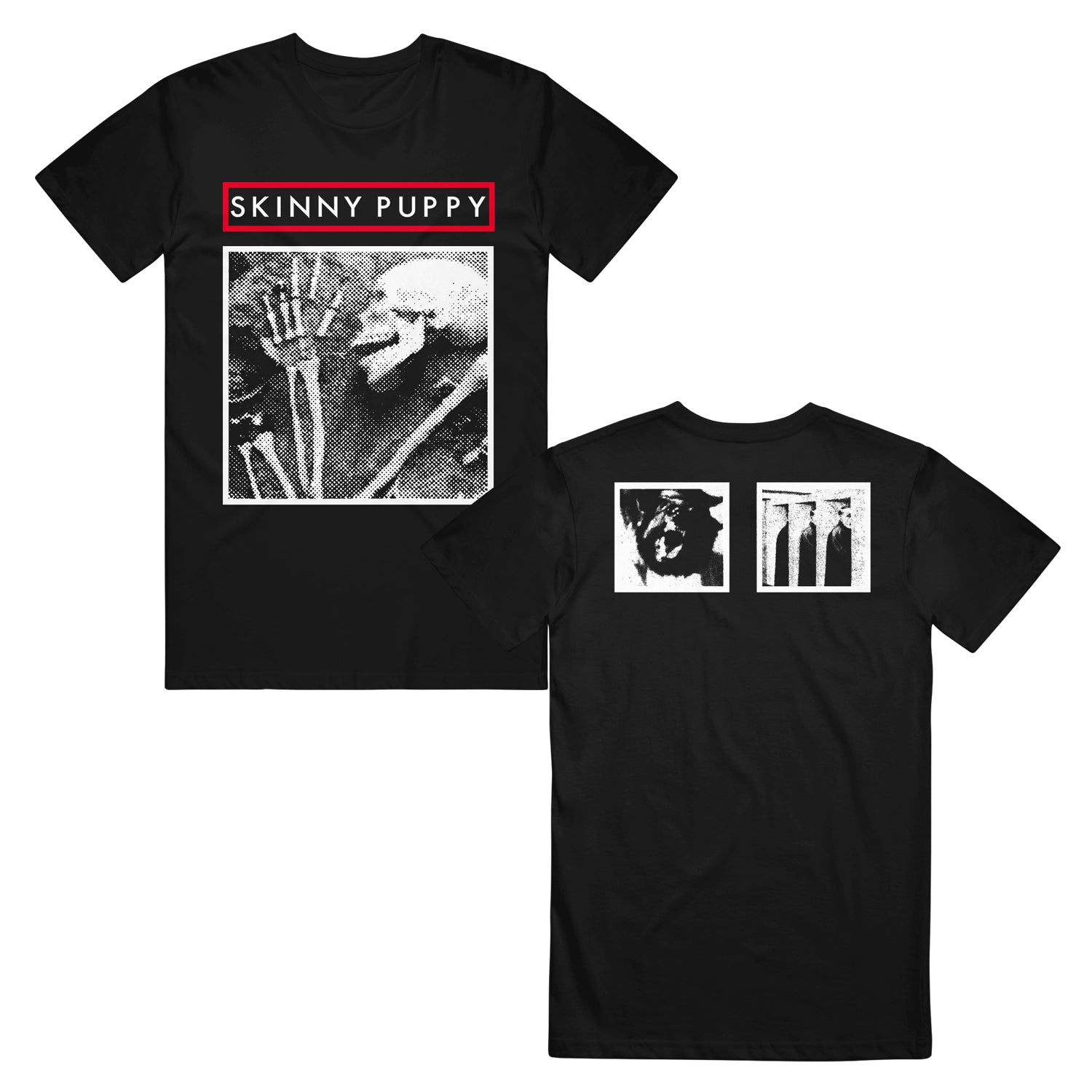 image of the front and back of a black tee shirt on a white background. front of the tee is on the left and has a black and white photo of a skeleton. at the top says skinny puppy inside a red rectangle. the back of the shirt is on the right and has two square black and white images of some kind of beast, and a man 