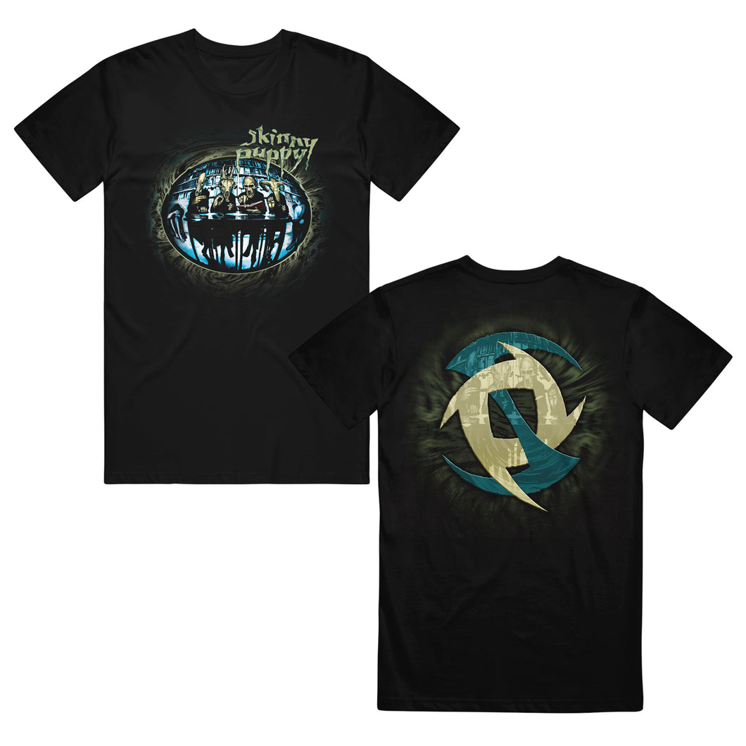 Image of the front and back of a black tshirt on a white background. The front of the shirt features the words skinny puppy in a blue gray letter. Below that is a circle, and inside that circle are  4 people sitting at a table with animal masks on. The back of the shirt features part of that same image again, only faded and surrounded by a blue and light grey opaque pointy shape.