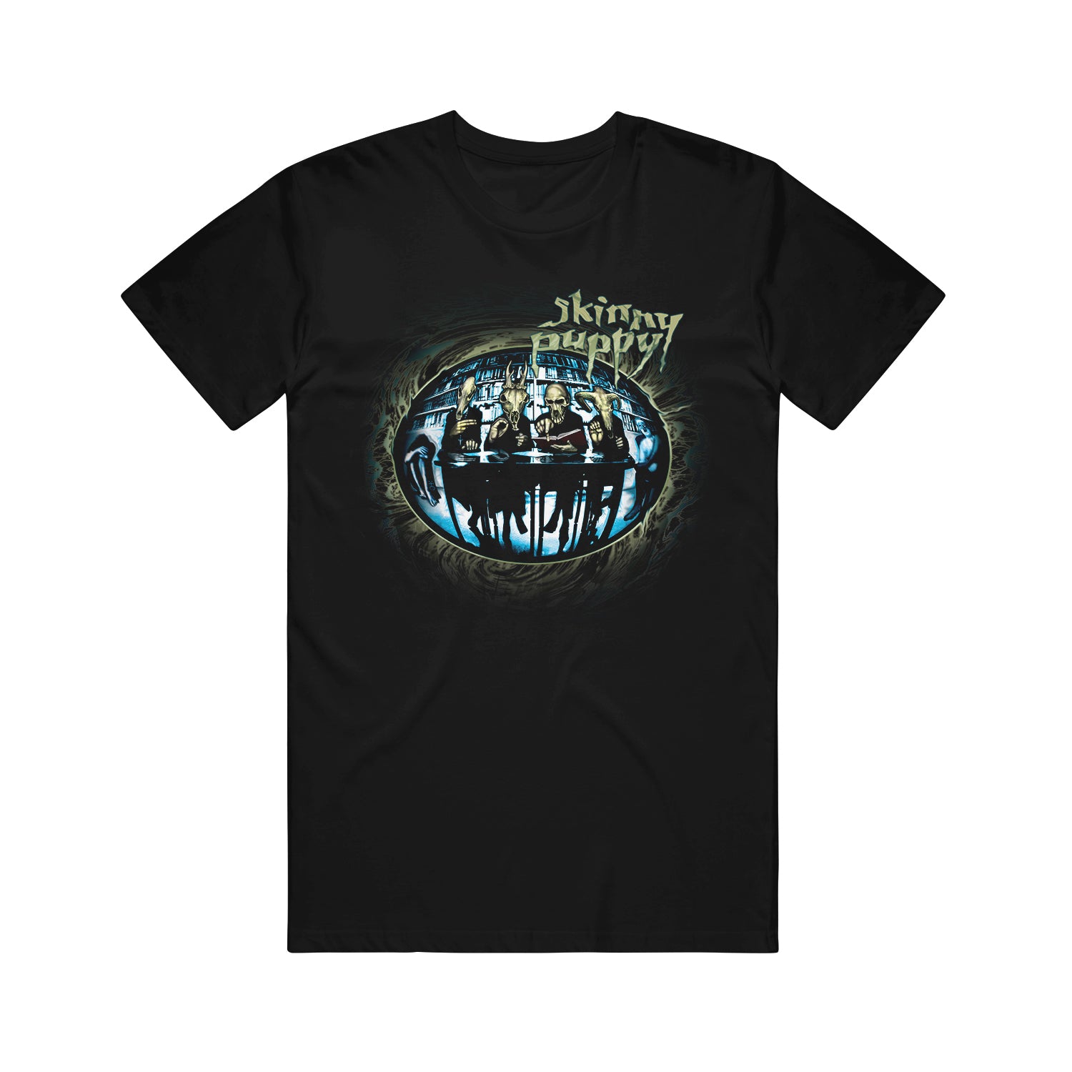 Image of the front of a black tshirt on a white background. The front of the shirt features the words skinny puppy in a blue gray letter. Below that is a circle, and inside that circle are 4 people sitting at a table with animal masks on.