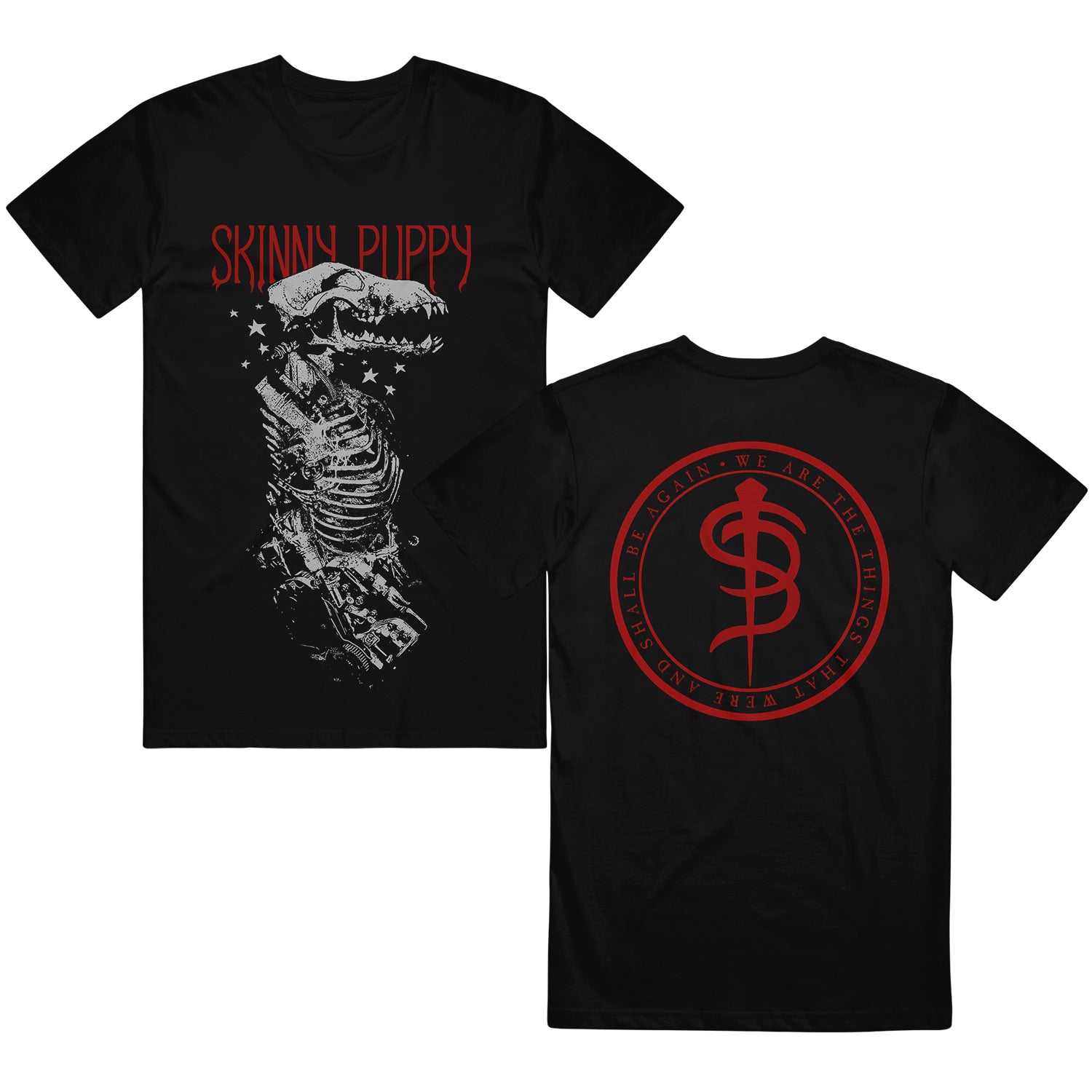 Image of the front and back of a black tshirt on white background. Across the chest of the front it says Skinny Puppy, in red letters. Below that is the skeleton of an animal, with stars around the head of the animal. The back of the shirt features a red circle that is not filled in, inside the circle is the large skinny puppy S P logo. Around the circle in smaller red letters, it reads 