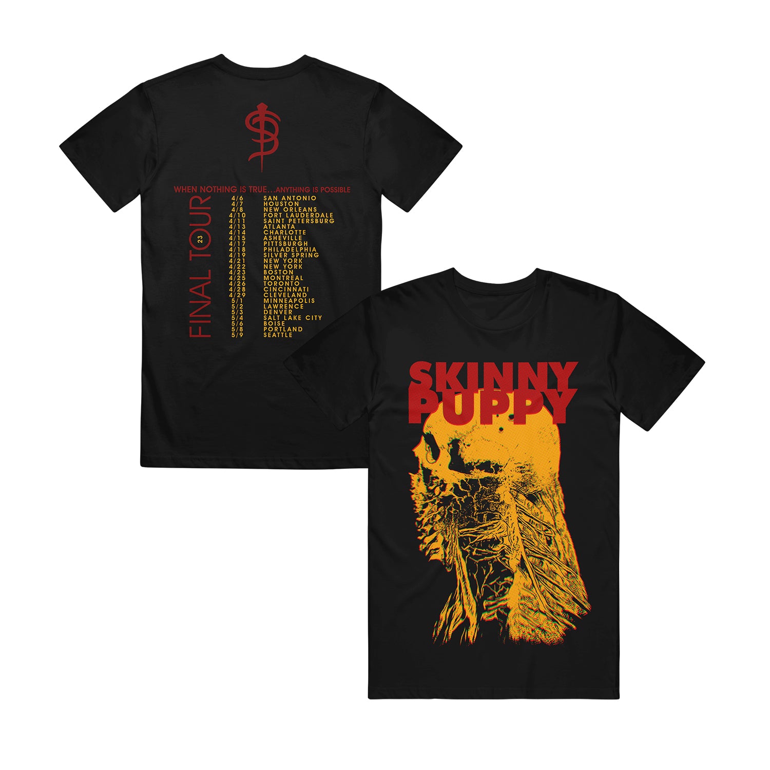 image of the front and back of a black tee shirt on a white background. back is on the left and has the final tour dates and locations of the 2023 tour. front is on the left and has a full body print in yellow skeleton head and neck. at the top in red says skinny puppy