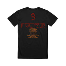 image of the back of a black tee shirt. tee has a full print of the final tour locations.