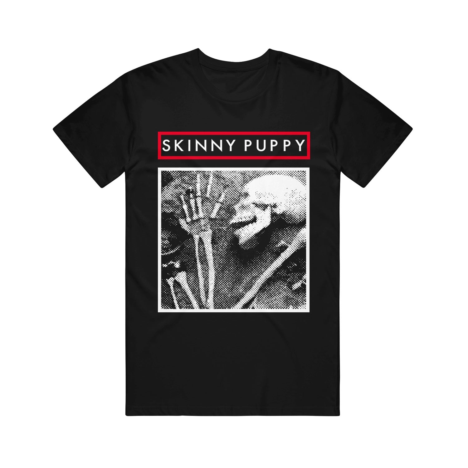 image of the front of a black tee shirt on a white background. front of the tee has a black and white photo of a skeleton. at the top says skinny puppy inside a red rectangle. 